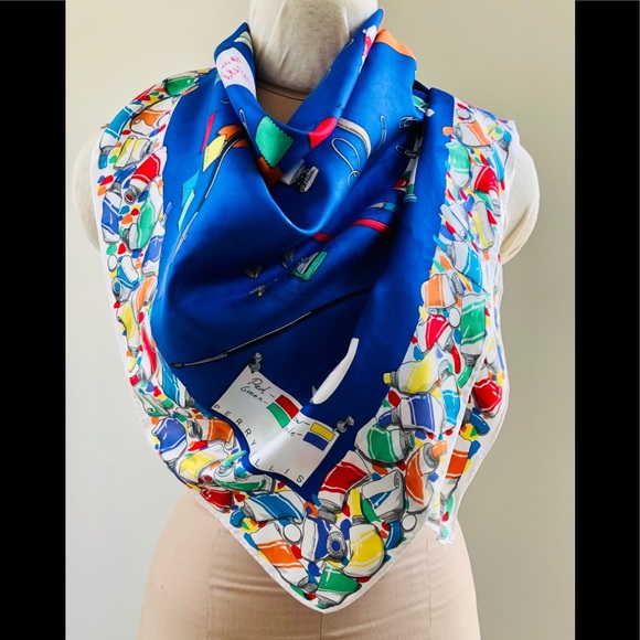 VTG 70’s Perry Ellis silk scarf painter theme print Royal blue & primary colors